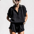 Women's Lounge Set – V-neck Top with Buttons – Elastic Shorts – Loose Fit Cotton