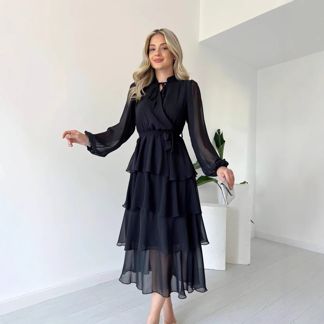 Chiffon Layered High Neck Tie Dress