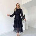 Women's Dress – Chiffon A-line – Layered Midi – Long Sleeves – High Neck Tie