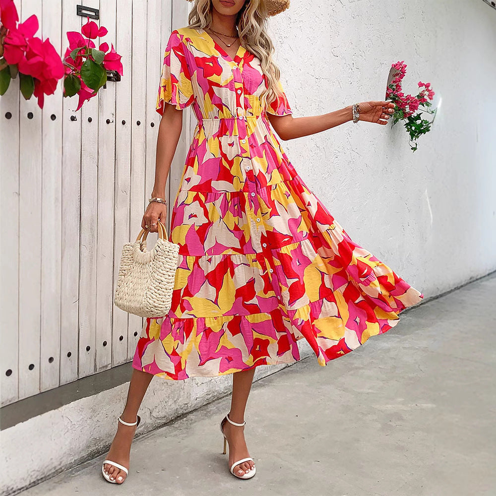 Abstract Print Ruched Sleeve A-line Midi Dress
