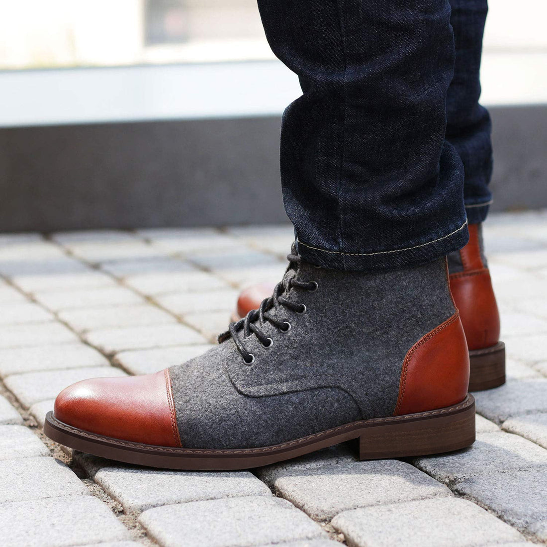 Leather Textile Lace-Up Cap Toe Ankle Boots