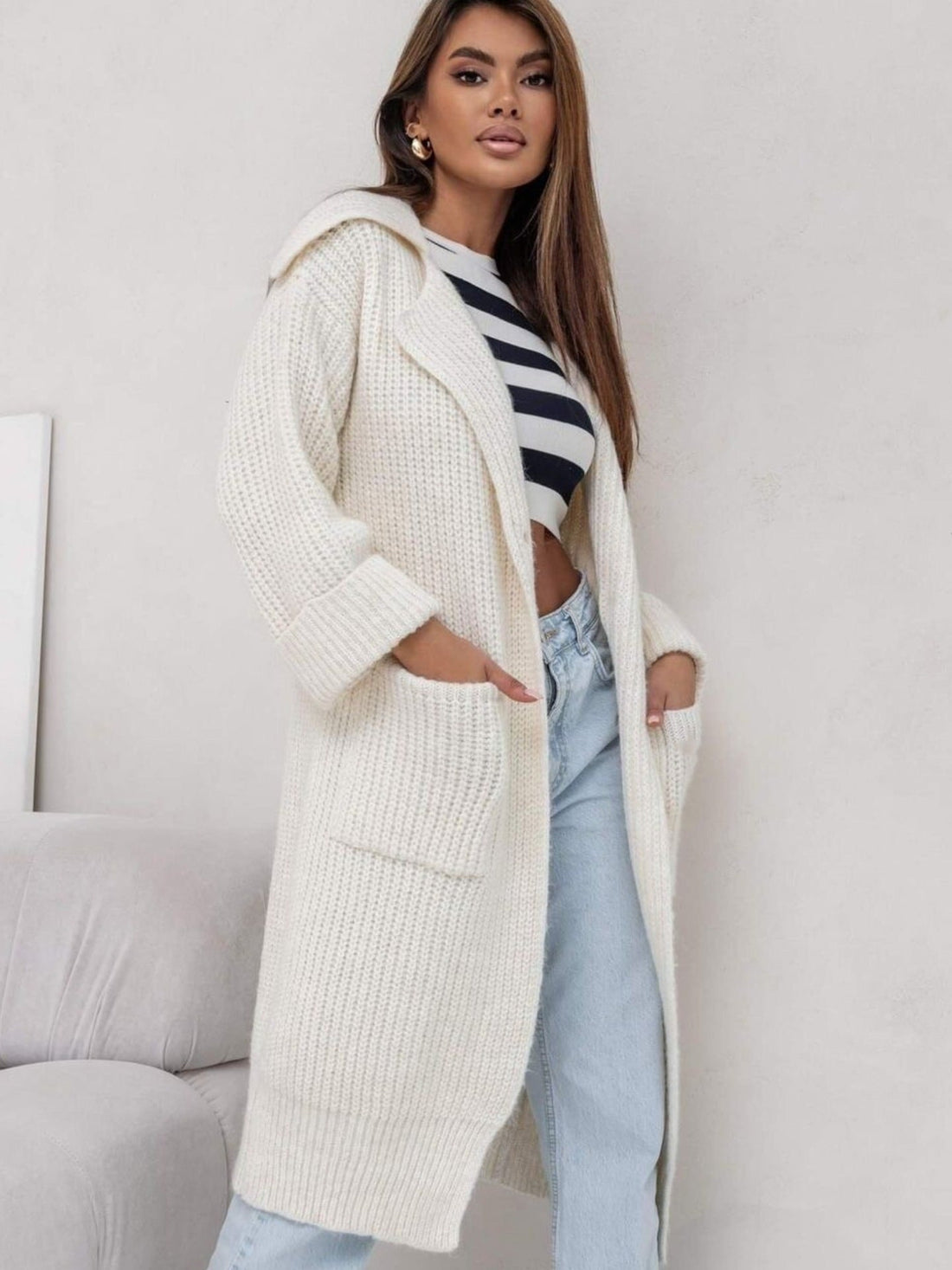Hooded Wool Blend Oversized Knit Coat