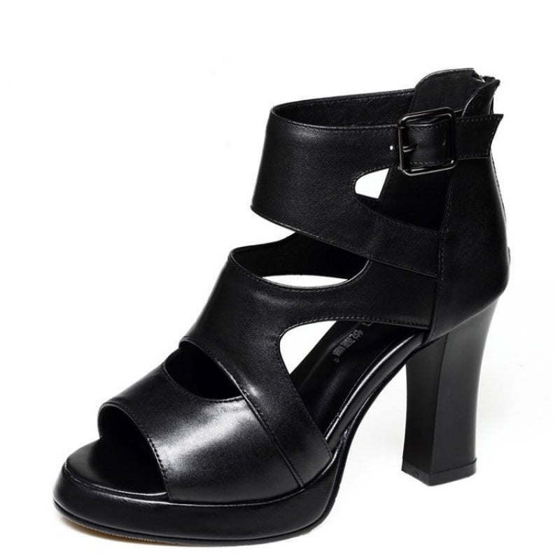 Women's Sandals with High Heels – Block Heel – Cutout Design – Peep Toe – Ankle Strap