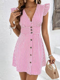 Women's Dress – A-line Cut – V-neckline – Ruffle Sleeves – Button Closure – Striped