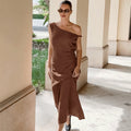 Women's Dress – Slim Fit – Cotton Linen Mix – Asymmetric One Shoulder – Ankle Length