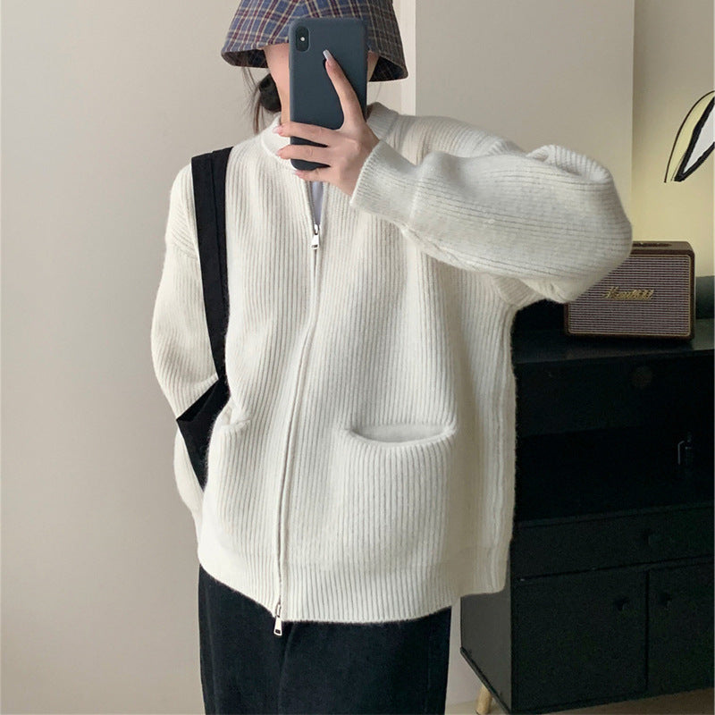 Women's Cardigan – Ribbed Knit Wool Mix – Oversized Fit – Double Zipper – With Pockets