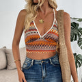 Women's Halter Crop Top – Slim Fit – Stretch Knit – Geometric Pattern – Breathable