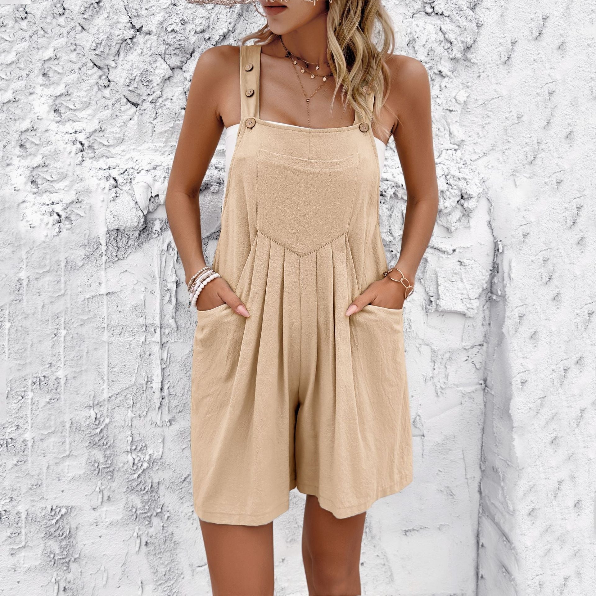Women's Overall Shorts - Adjustable Straps - Light and Breathable - Loose Fit - With Pockets