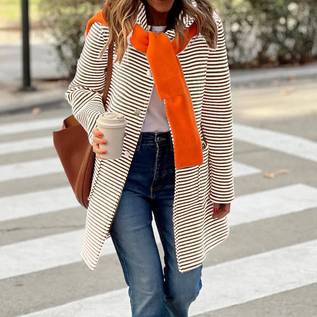 Striped Relaxed Fit Double-Breasted Trench Coat
