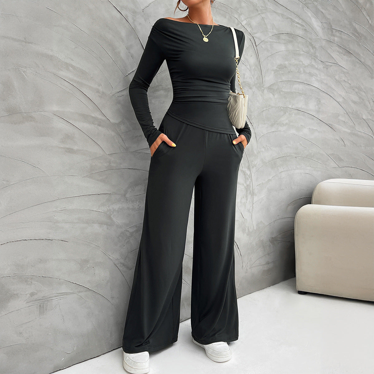 Women's Suit Clothing – Slim Fit Long-Sleeved Top – High-Waisted Wide Pants