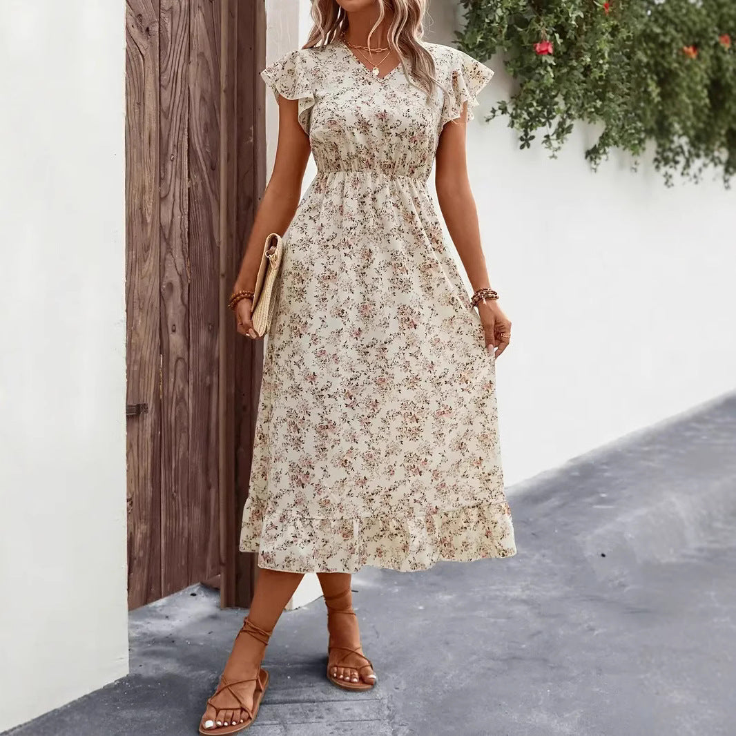 Cotton Blend Relaxed Fit Ruffle Midi Dress