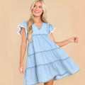 Women's Dress – Denim A-line Mini – Relaxed Fit – Ruffle Sleeves and Pleat Stitching