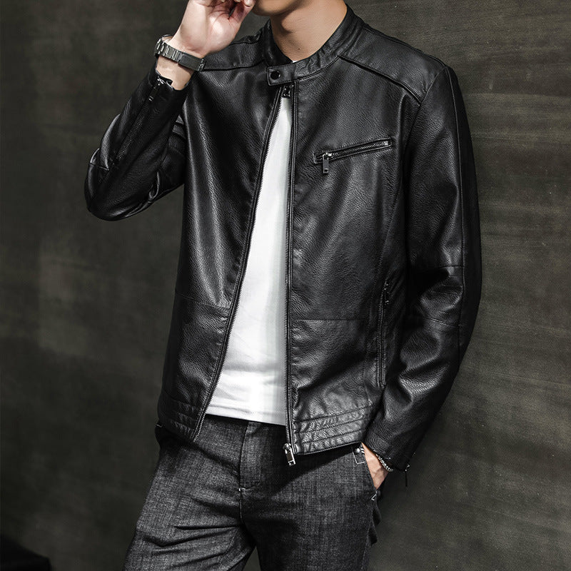 Slim Fit Leather Look Stand Collar Biker Jacket