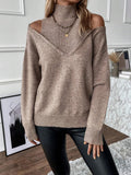 Women's Knit Sweater – Relaxed Fit – Off-Shoulder V-Neck – Ribbed Edges – Wool Blend
