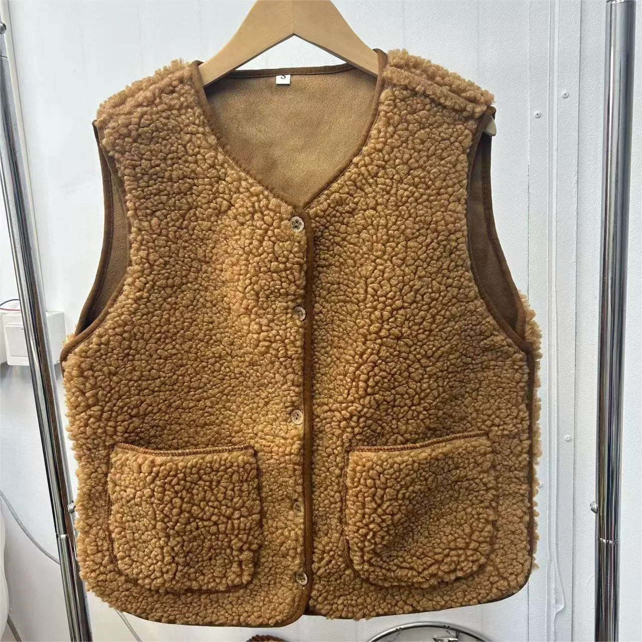 Plush Fleece Relaxed Fit Button Front Vest