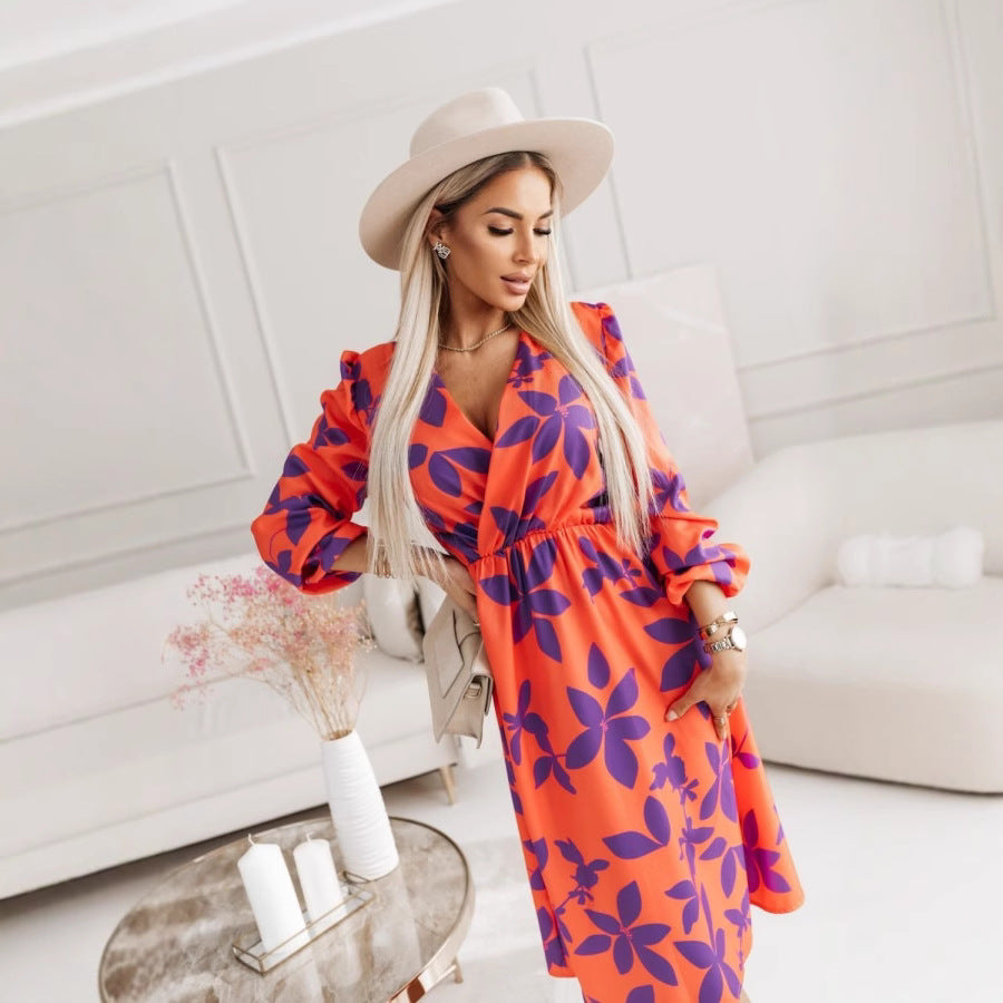 Dame Midi Kjole – V-Hals – Puffærmer – Taljeret A-Linje – Blomsterprint