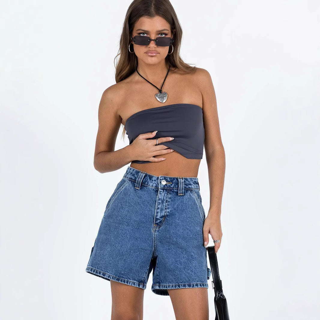 Dame Denim Shorts – Afslappet Pasform – Mellemhøj Talje – 5-Lommer Strukturdesign
