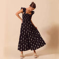 Women's Maxi Dress – Smocking – Gathered Straps – Lightweight Cotton Fabric – Fitted Bodice