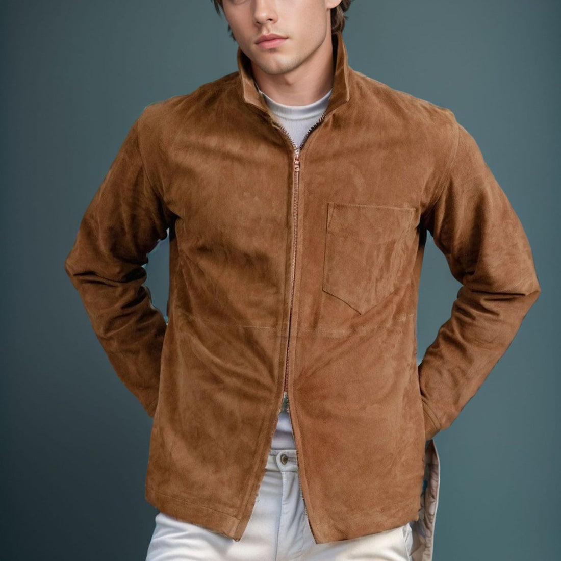 Suede Slim Fit Stand Collar Jacket