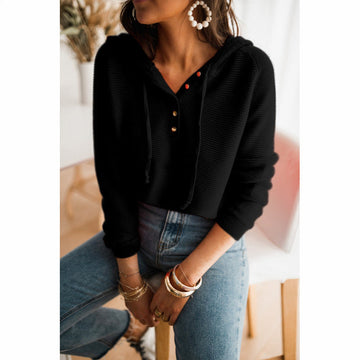 Knit Texture Button Front Cropped Hoodie