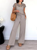 Women's set – Open-knit short-sleeved top – Wide-leg pants – Relaxed fit