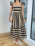 Women's Midi Dress – Cotton Blend – Relaxed Fit – Off-Shoulder – Ruffle Sleeves – Striped