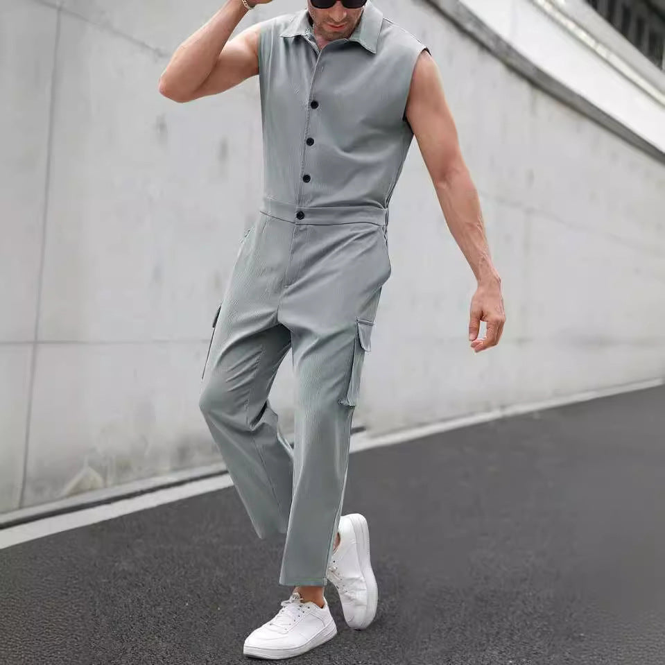 Men's Jumpsuit – Slim Fit – Sleeveless – Button Closure – Shirt Collar – Cargo Details