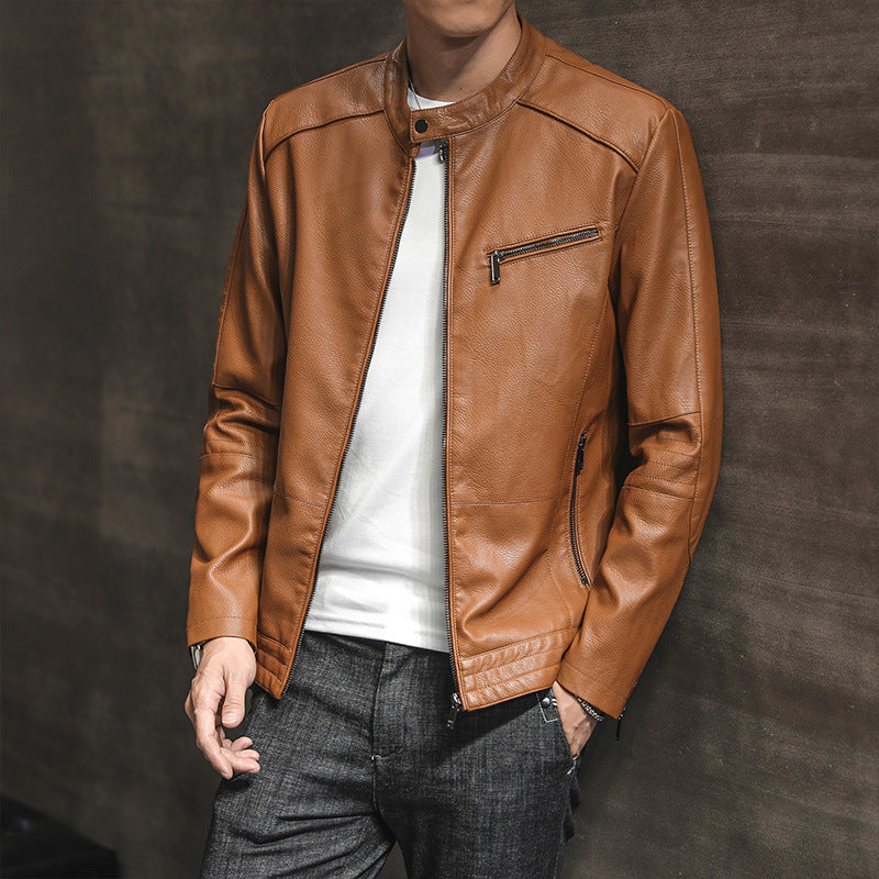 Slim Fit Leather Look Stand Collar Biker Jacket