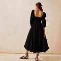 Women's Midi Dress – A-line Fit – Cotton Blend – V-neck with Ruffles – Long Sleeves