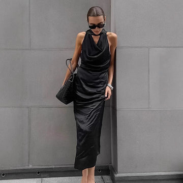 Damekjole – Satin Bodycon – Halterneck – Draperet Cowl-udskæring – Midi Elegant