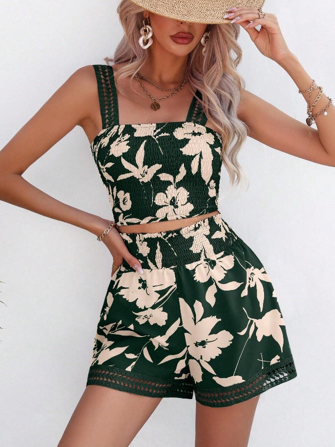 Women's Set with Top and Shorts – Light Cotton – Smock Top – Floral Print – Relaxed Fit
