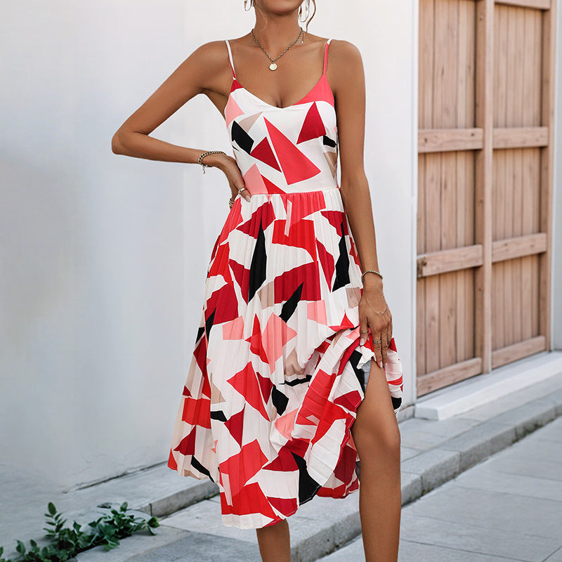 Women's A-line dress – Mid-length – Breathable lightweight material – Geometric pattern – Spaghetti straps
