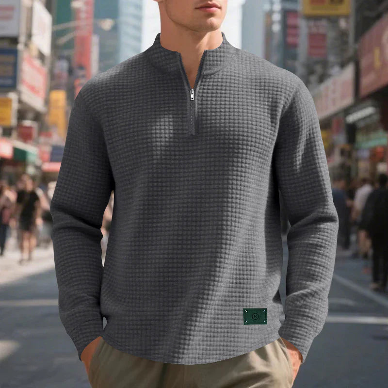 Waffle Knit Quarter Zip Mock Neck Sweater