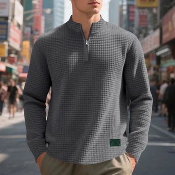 Waffle Knit Quarter Zip Mock Neck Sweater