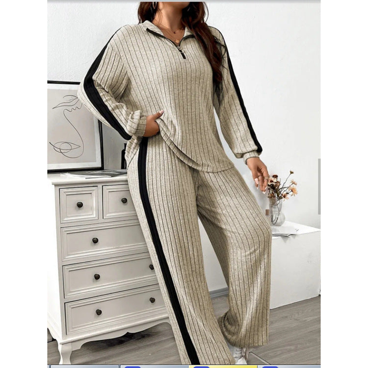 Striped Wide-Leg Ribbed Two-Piece Set