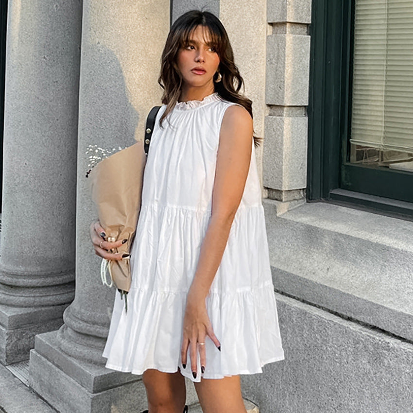 Women's A-line dress – Sleeveless loose fit – Ruffle edge – Light cotton