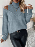 Women's Knit Sweater – Relaxed Fit – Off-Shoulder V-Neck – Ribbed Edges – Wool Blend