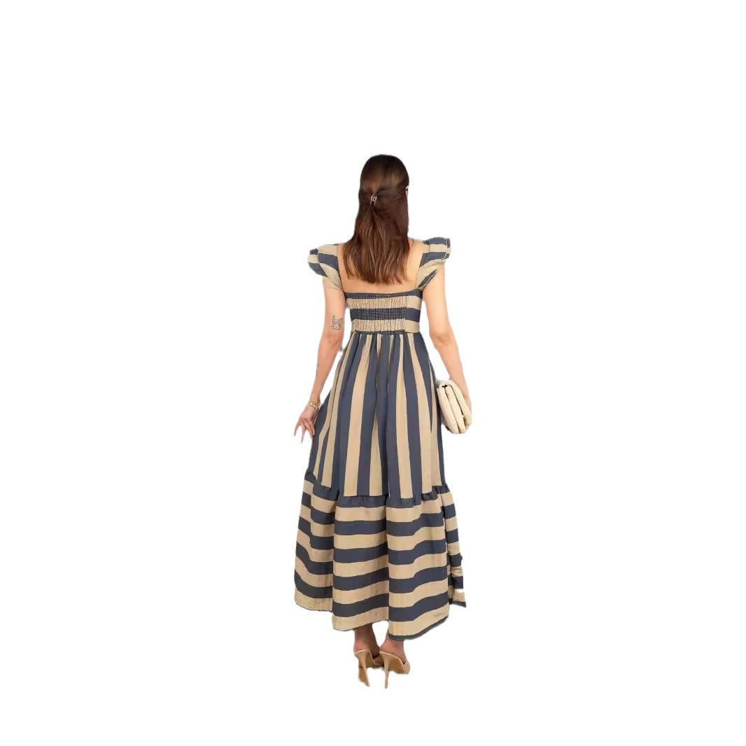 Women's Midi Dress – Cotton Blend – Relaxed Fit – Off-Shoulder – Ruffle Sleeves – Striped