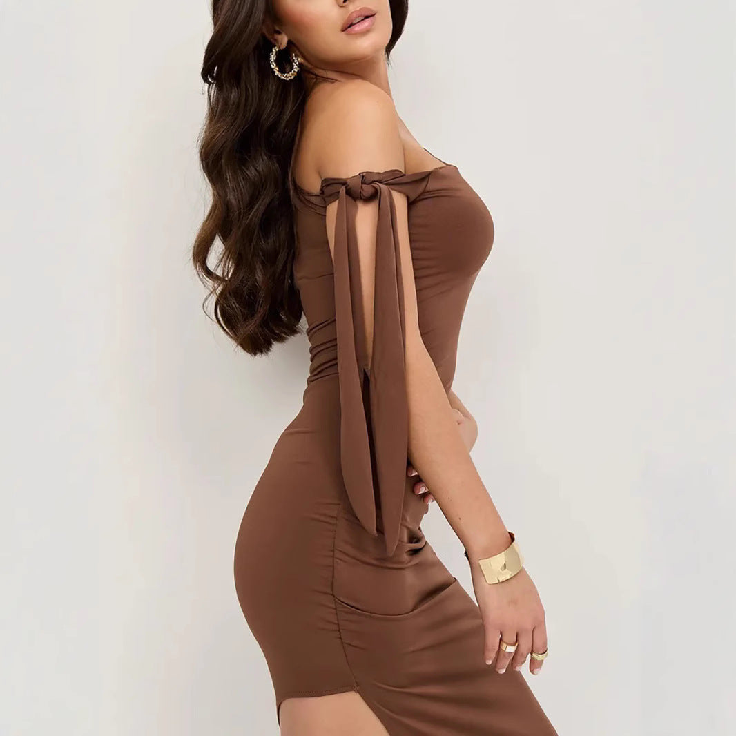 Dress for women – Slim fit – Off-shoulder – Asymmetric neckline – Stretchable jersey