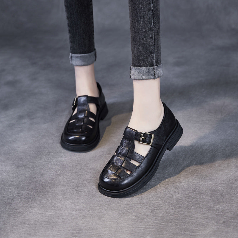 Genuine Leather Cut-out Flat Comfort Sandals