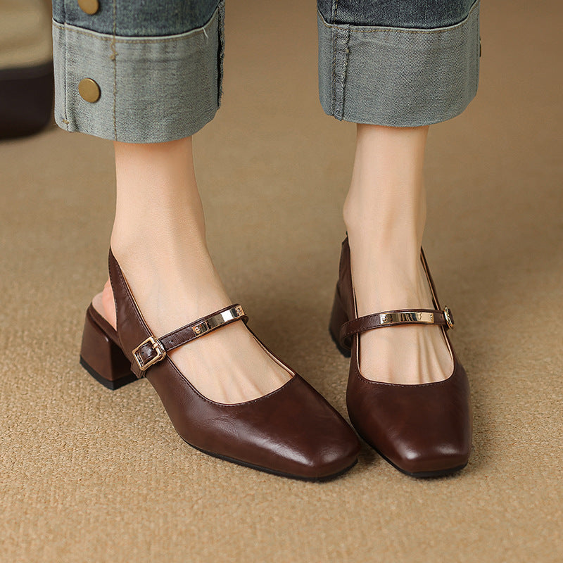 Dame Slingback Hæle – Imitationslæder – Blokhæl – Firkantet Tå – Nittestrop