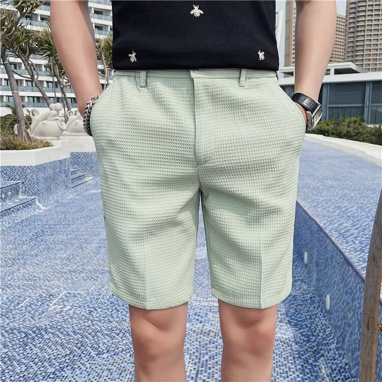 Men's Shorts – Slim Fit – Textured Woven Fabric – Button Closure – Knee Length