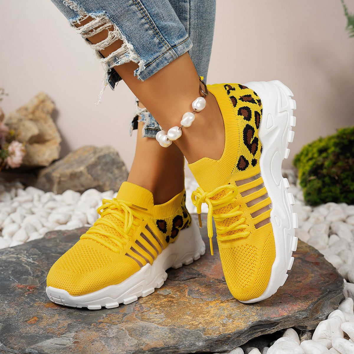 Women's Sneakers – Breathable Flyknit – Low Profile – Leopard Details – Wavy Sole
