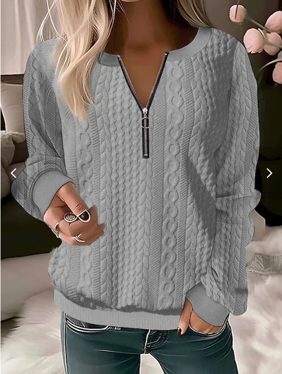 Wool Blend Cable Knit Zip Neck Sweater