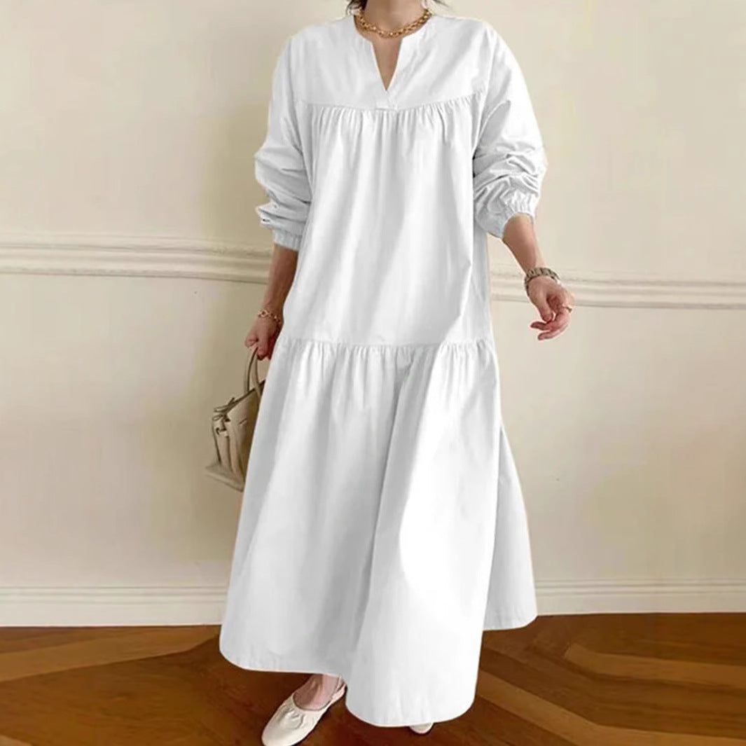 Dame Lang Kjole – Bomuld Hør Mix – Oversize Pasform – V-hals – Lange Puffærmer