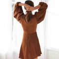 Dress for women – Mini – A-line fit – Puff sleeves – V-neck – Tie at the waist