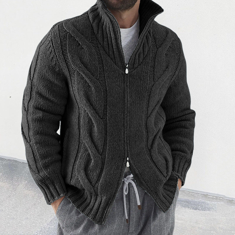 Men's Cardigan – Wool Blend – Relaxed Fit – High Neck – Zipper – Cable Knit Sleeves