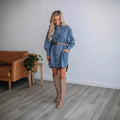 Women's Denim Jacket – Relaxed Fit – Knee Length – Belt – Long Sleeves – Button Closure
