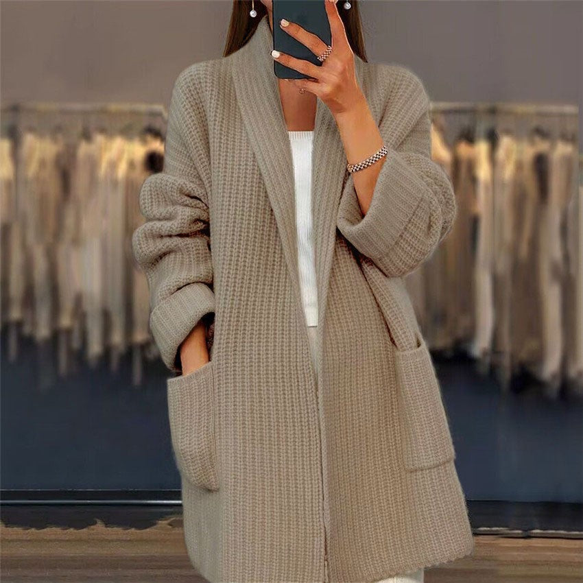 Dame Cardigan – Oversized Pasform – Tykt Uldmix – Åben V-Hals – Lange Ærmer
