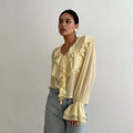 Women's Blouse – Lightly Transparent – Relaxed Fit – V-Neck with Ruffles – Long Sleeves